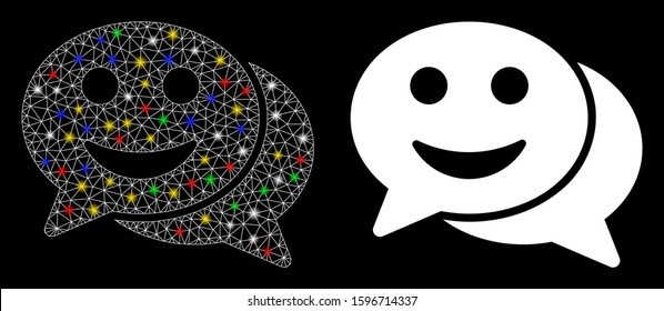 Glowing mesh happy chat icon with glow effect. Abstract illuminated model of happy chat. Shiny wire carcass polygonal mesh happy chat icon. Vector abstraction on a black background.