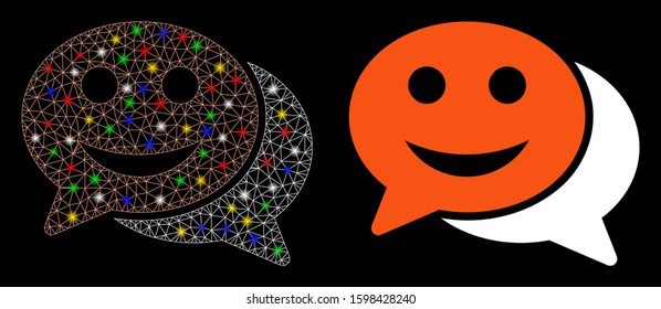 Glowing mesh happy chat icon with sparkle effect. Abstract illuminated model of happy chat. Shiny wire frame triangular mesh happy chat icon. Vector abstraction on a black background.