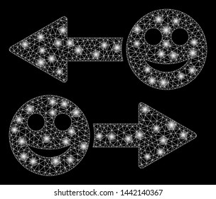 Glowing mesh happy emotion exchange arrows with glare effect. Abstract illuminated model of happy emotion exchange arrows icon. Shiny wire frame triangular mesh happy emotion exchange arrows.