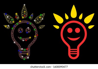 Glowing mesh happy light bulb icon with glitter effect. Abstract illuminated model of happy light bulb. Shiny wire frame polygonal mesh happy light bulb icon. Vector abstraction on a black background.