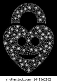 Glowing mesh happy love lock with lightspot effect. Abstract illuminated model of happy love lock icon. Shiny wire frame triangular mesh happy love lock. Vector abstraction on a black background.