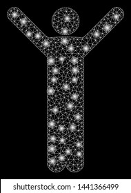 Glowing mesh happy man with glare effect. Abstract illuminated model of happy man icon. Shiny wire frame triangular mesh happy man. Vector abstraction on a black background.