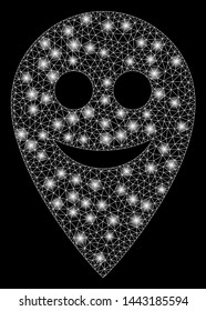 Glowing mesh happy map marker with glare effect. Abstract illuminated model of happy map marker icon. Shiny wire frame polygonal network happy map marker. Vector abstraction on a black background.