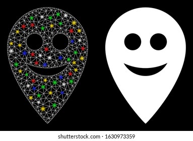 Glowing mesh happy map marker icon with glare effect. Abstract illuminated model of happy map marker. Shiny wire carcass triangular network happy map marker icon.