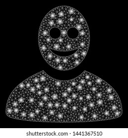 Glowing mesh happy person with lightspot effect. Abstract illuminated model of happy person icon. Shiny wire frame triangular network happy person. Vector abstraction on a black background.