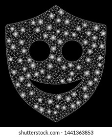 Glowing mesh happy shield with glare effect. Abstract illuminated model of happy shield icon. Shiny wire frame triangular mesh happy shield. Vector abstraction on a black background.