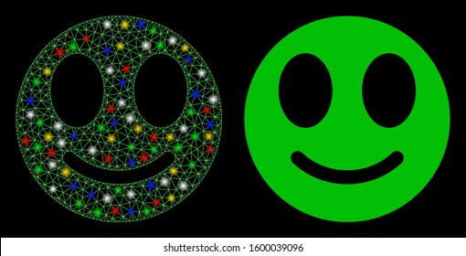Glowing mesh happy smiley icon with sparkle effect. Abstract illuminated model of happy smiley. Shiny wire carcass polygonal mesh happy smiley icon. Vector abstraction on a black background.