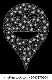 Glowing mesh happy smiley map marker with sparkle effect. Abstract illuminated model of happy smiley map marker icon. Shiny wire carcass polygonal mesh happy smiley map marker.