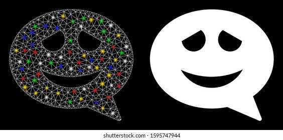 Glowing mesh happy smiley message icon with glow effect. Abstract illuminated model of happy smiley message. Shiny wire frame polygonal network happy smiley message icon.