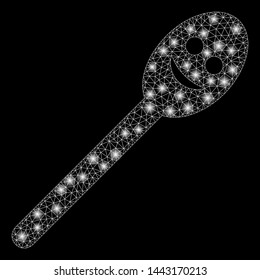 Glowing mesh happy spoon with glow effect. Abstract illuminated model of happy spoon icon. Shiny wire carcass triangular mesh happy spoon. Vector abstraction on a black background.