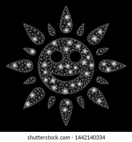 Glowing mesh happy sun light with glare effect. Abstract illuminated model of happy sun light icon. Shiny wire frame triangular mesh happy sun light. Vector abstraction on a black background.
