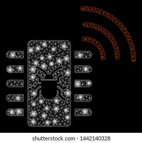 Glowing mesh hardware bug with glare effect. Abstract illuminated model of hardware bug icon. Shiny wire carcass polygonal mesh hardware bug. Vector abstraction on a black background.