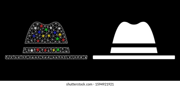 Glowing mesh hat icon with lightspot effect. Abstract illuminated model of hat. Shiny wire carcass polygonal mesh hat icon. Vector abstraction on a black background.