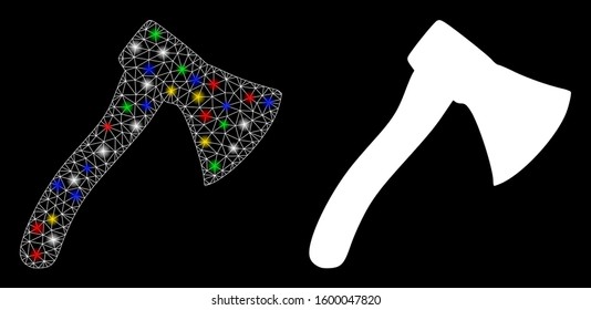 Glowing mesh hatchet icon with glitter effect. Abstract illuminated model of hatchet. Shiny wire frame triangular mesh hatchet icon. Vector abstraction on a black background.