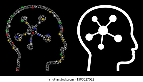 Glowing mesh head brain icon with glitter effect. Abstract illuminated model of head brain. Shiny wire carcass triangular mesh head brain icon. Vector abstraction on a black background.