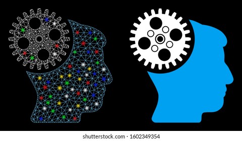 Glowing mesh head gearwheel icon with lightspot effect. Abstract illuminated model of head gearwheel. Shiny wire carcass triangular mesh head gearwheel icon. Vector abstraction on a black background.