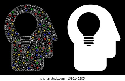 Glowing mesh head idea icon with glare effect. Abstract illuminated model of head idea. Shiny wire carcass polygonal mesh head idea icon. Vector abstraction on a black background.
