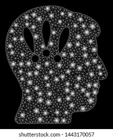 Glowing mesh head problems with glare effect. Abstract illuminated model of head problems icon. Shiny wire frame triangular network head problems. Vector abstraction on a black background.