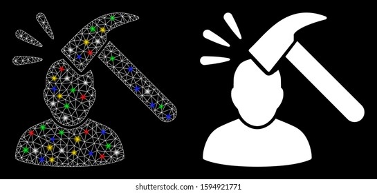 Glowing mesh head shock icon with glitter effect. Abstract illuminated model of head shock. Shiny wire carcass triangular network head shock icon. Vector abstraction on a black background.