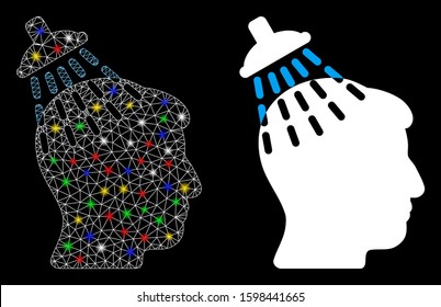 Glowing mesh head shower icon with glow effect. Abstract illuminated model of head shower. Shiny wire carcass triangular mesh head shower icon. Vector abstraction on a black background.