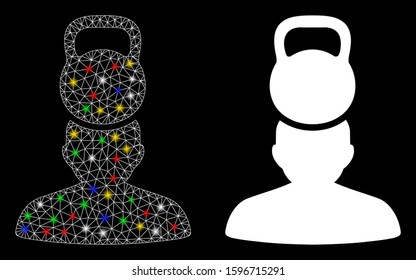 Glowing mesh head weight stress icon with glare effect. Abstract illuminated model of head weight stress. Shiny wire carcass triangular mesh head weight stress icon.