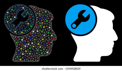 Glowing mesh head wrench repair icon with glare effect. Abstract illuminated model of head wrench repair. Shiny wire frame polygonal mesh head wrench repair icon.