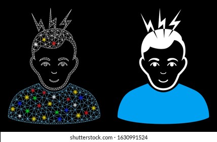 Glowing mesh headache icon with sparkle effect. Abstract illuminated model of headache. Shiny wire frame triangular mesh headache icon. Vector abstraction on a black background.