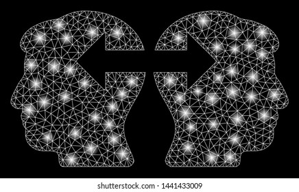 Glowing mesh heads exchange arrows with glare effect. Abstract illuminated model of heads exchange arrows icon. Shiny wire frame polygonal mesh heads exchange arrows.