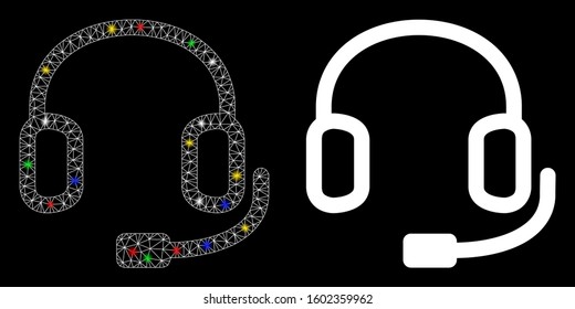 Glowing mesh headset icon with glow effect. Abstract illuminated model of headset. Shiny wire frame polygonal mesh headset icon. Vector abstraction on a black background.