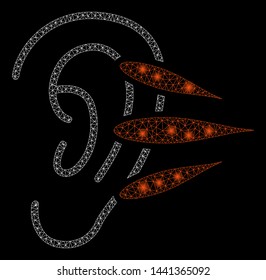 Glowing mesh hearing with glitter effect. Abstract illuminated model of hearing icon. Shiny wire carcass triangular network hearing. Vector abstraction on a black background.