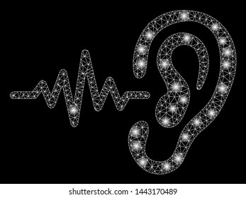 Glowing mesh hearing signal with glitter effect. Abstract illuminated model of hearing signal icon. Shiny wire carcass polygonal network hearing signal. Vector abstraction on a black background.