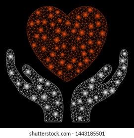 Glowing mesh heart care with glow effect. Abstract illuminated model of heart care icon. Shiny wire carcass polygonal network heart care. Vector abstraction on a black background.