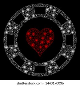 Glowing mesh heart casino chip with glow effect. Abstract illuminated model of heart casino chip icon. Shiny wire carcass polygonal mesh heart casino chip. Vector abstraction on a black background.