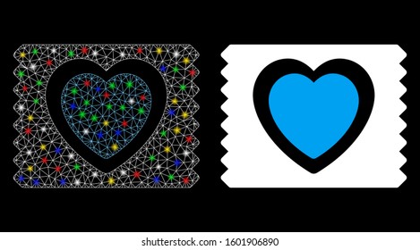 Glowing mesh heart condom pack icon with sparkle effect. Abstract illuminated model of heart condom pack. Shiny wire carcass polygonal mesh heart condom pack icon.