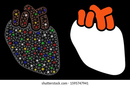 Glowing mesh heart organ icon with lightspot effect. Abstract illuminated model of heart organ. Shiny wire carcass triangular mesh heart organ icon. Vector abstraction on a black background.