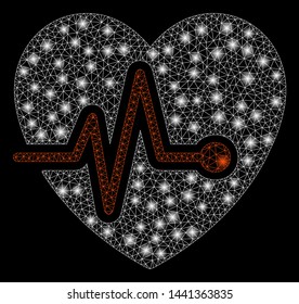 Glowing mesh heart pulse with lightspot effect. Abstract illuminated model of heart pulse icon. Shiny wire carcass polygonal network heart pulse. Vector abstraction on a black background.