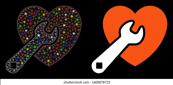 Glowing mesh heart repair icon with lightspot effect. Abstract illuminated model of heart repair. Shiny wire frame triangular mesh heart repair icon. Vector abstraction on a black background.