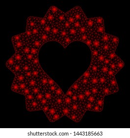 Glowing mesh hearts token with sparkle effect. Abstract illuminated model of hearts token icon. Shiny wire carcass polygonal mesh hearts token. Vector abstraction on a black background.
