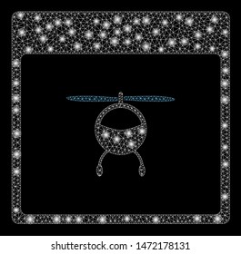 Glowing mesh helicopter calendar page with glare effect. Abstract illuminated model of helicopter calendar page icon. Shiny wire frame triangular mesh helicopter calendar page.