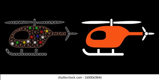 Glowing mesh helicopter icon with glow effect. Abstract illuminated model of helicopter. Shiny wire frame triangular network helicopter icon. Vector abstraction on a black background.