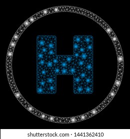 Glowing mesh helicopter landing spot with glow effect. Abstract illuminated model of helicopter landing spot icon. Shiny wire frame triangular network helicopter landing spot.