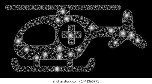 Glowing mesh helicopter with sparkle effect. Abstract illuminated model of helicopter icon. Shiny wire frame polygonal mesh helicopter. Vector abstraction on a black background.
