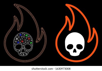 Glowing mesh hell fire icon with glare effect. Abstract illuminated model of hell fire. Shiny wire frame polygonal mesh hell fire icon. Vector abstraction on a black background.
