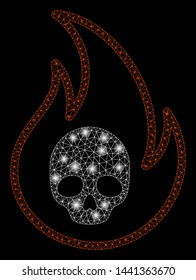 Glowing mesh hell fire with sparkle effect. Abstract illuminated model of hell fire icon. Shiny wire carcass triangular mesh hell fire. Vector abstraction on a black background.