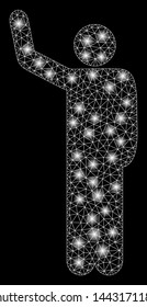 Glowing mesh hello pose with lightspot effect. Abstract illuminated model of hello pose icon. Shiny wire carcass polygonal mesh hello pose. Vector abstraction on a black background.