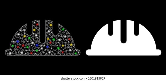 Glowing mesh helmet icon with glare effect. Abstract illuminated model of helmet. Shiny wire carcass triangular mesh helmet icon. Vector abstraction on a black background.