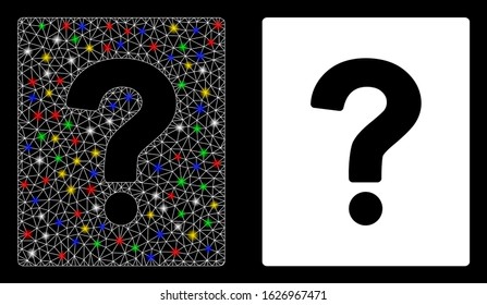 Glowing mesh help icon with glare effect. Abstract illuminated model of help. Shiny wire frame triangular mesh help icon. Vector abstraction on a black background.