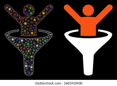 Glowing mesh help icon with sparkle effect. Abstract illuminated model of help. Shiny wire carcass triangular mesh help icon. Vector abstraction on a black background.