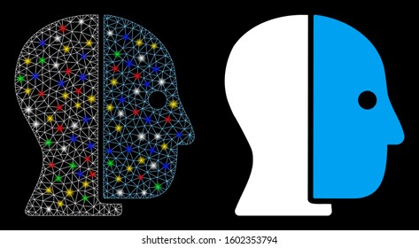 Glowing mesh hidden profile icon with lightspot effect. Abstract illuminated model of hidden profile. Shiny wire frame triangular mesh hidden profile icon. Vector abstraction on a black background.