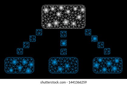 Glowing mesh hierarchy scheme with glitter effect. Abstract illuminated model of hierarchy scheme icon. Shiny wire frame triangular mesh hierarchy scheme. Vector abstraction on a black background.